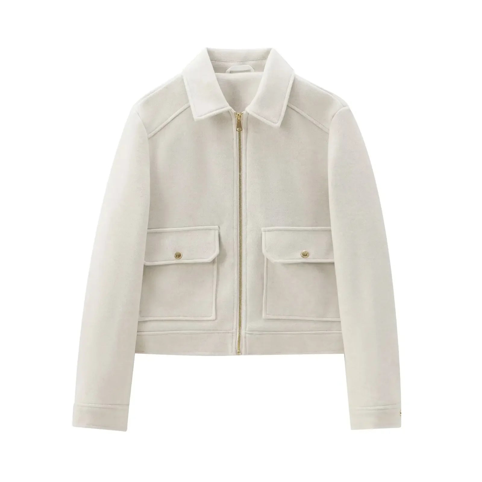 Women's Short Lapel Bomber Jacket with Zip Front and Flap Pockets