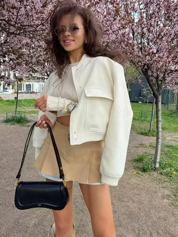 Women's Cropped Baseball Collar Bomber Jacket with Snap Buttons