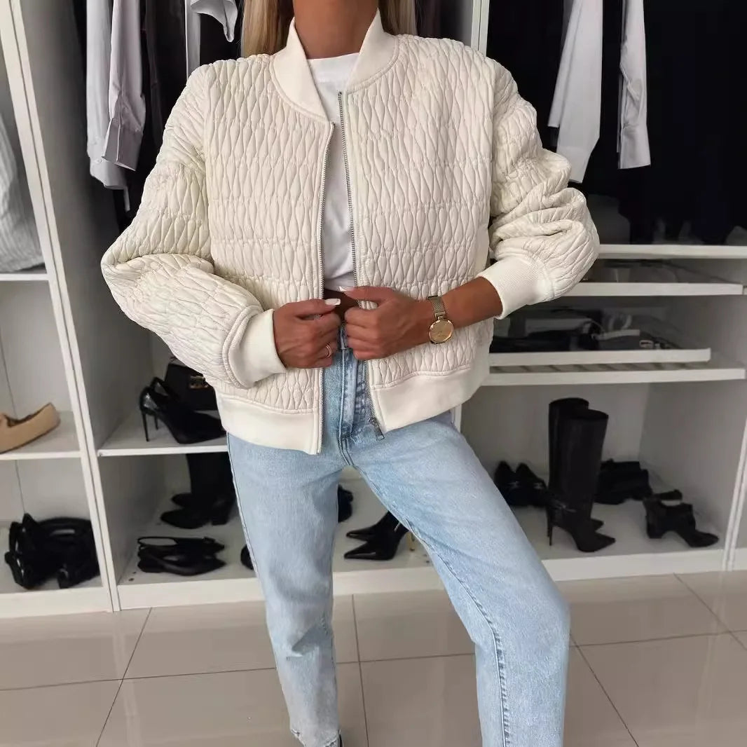 Women's Quilted Bomber Jacket with Zip Front and Ribbed Trim