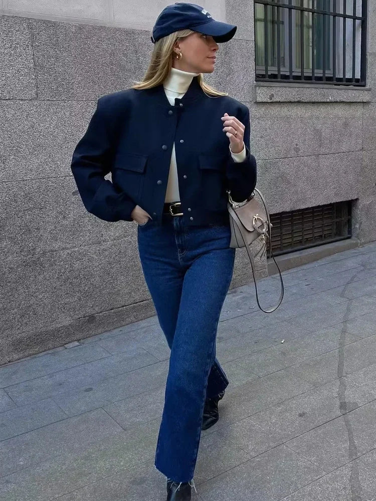 Women's Cropped Baseball Collar Bomber Jacket with Snap Buttons