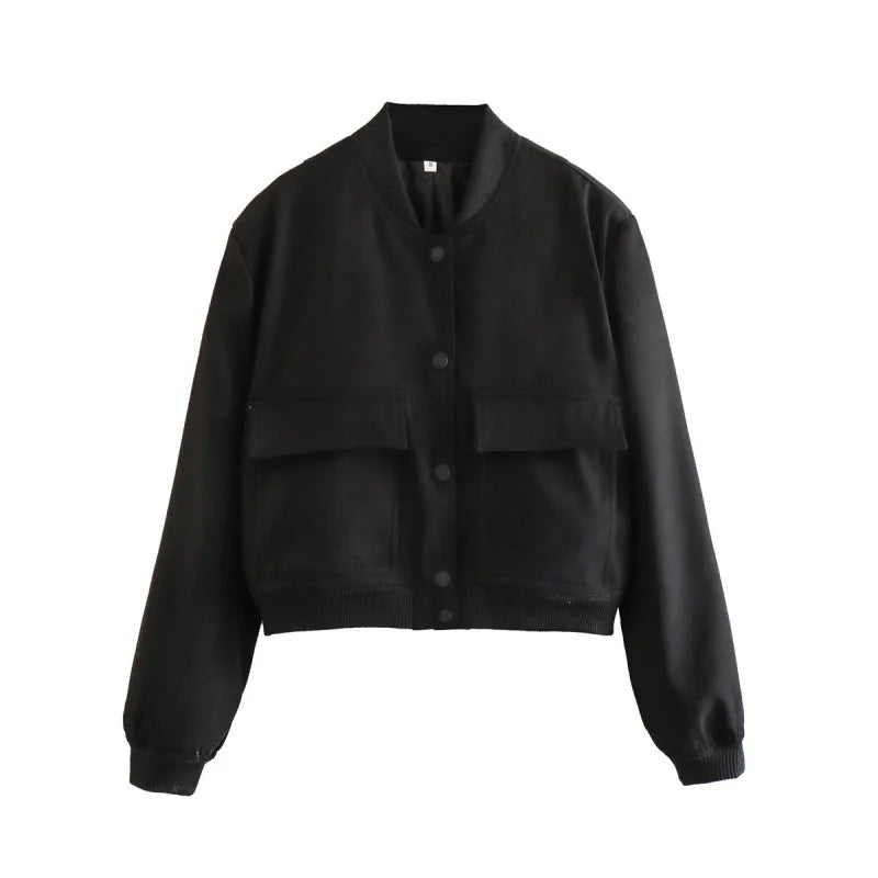 Women's Casual Bomber Jacket with Front Buttons and Flap Pockets
