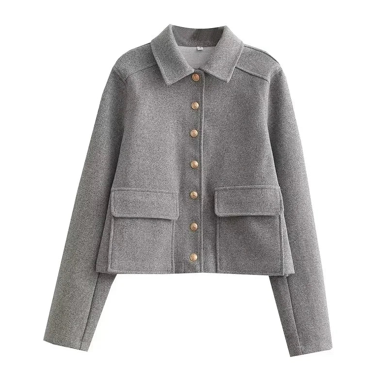 Women's Cropped Aviator Bomber Jacket with Button Front & Pockets