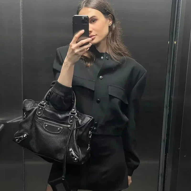 Women's Cropped Baseball Collar Bomber Jacket with Snap Buttons