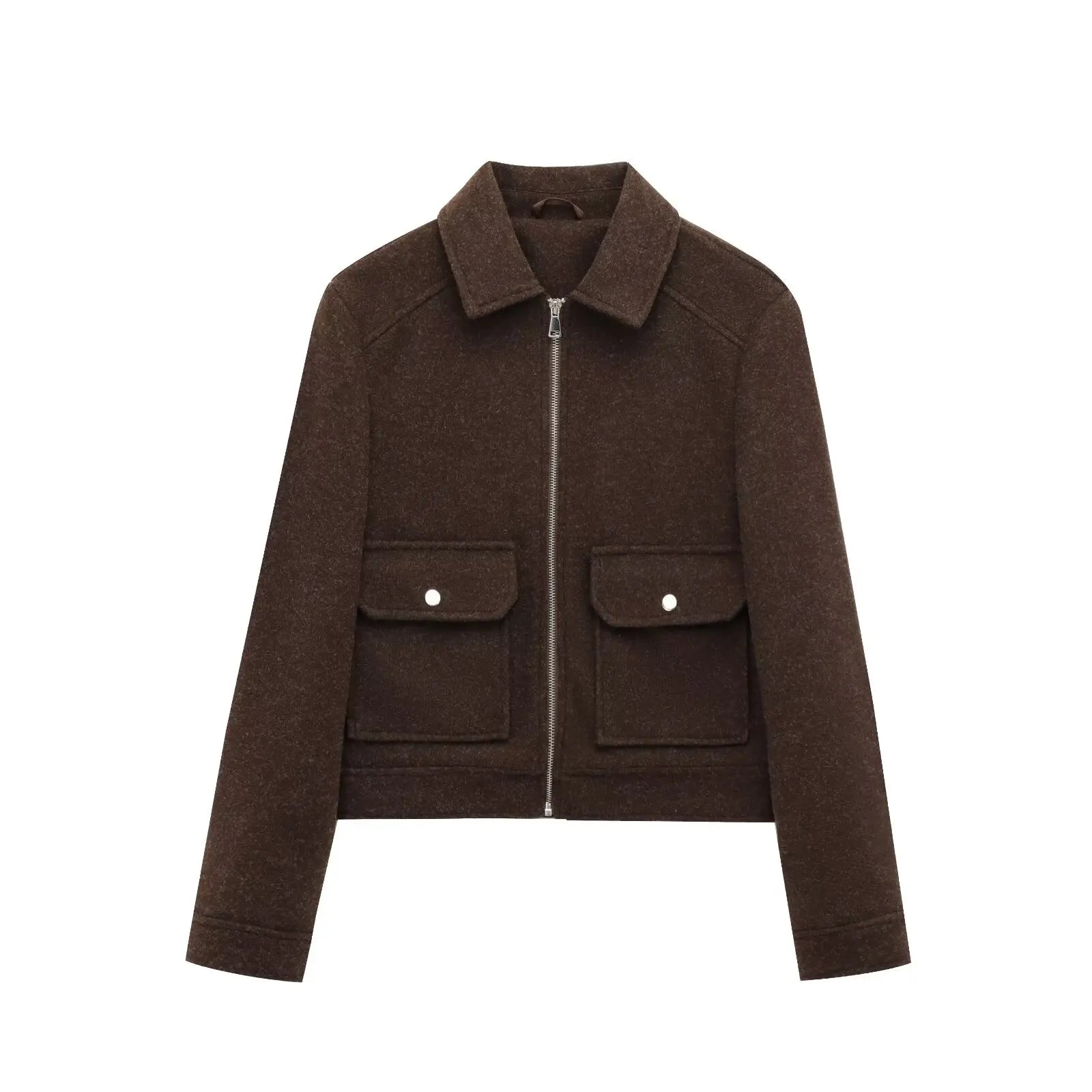 Women's Short Lapel Bomber Jacket with Zip Front and Flap Pockets