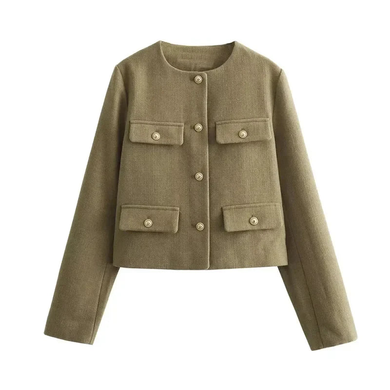 Women's Cropped Bomber Jacket with Round Neck and Long Sleeves