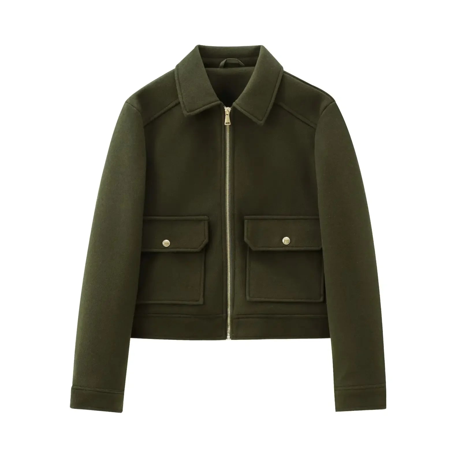 Women's Short Lapel Bomber Jacket with Zip Front and Flap Pockets