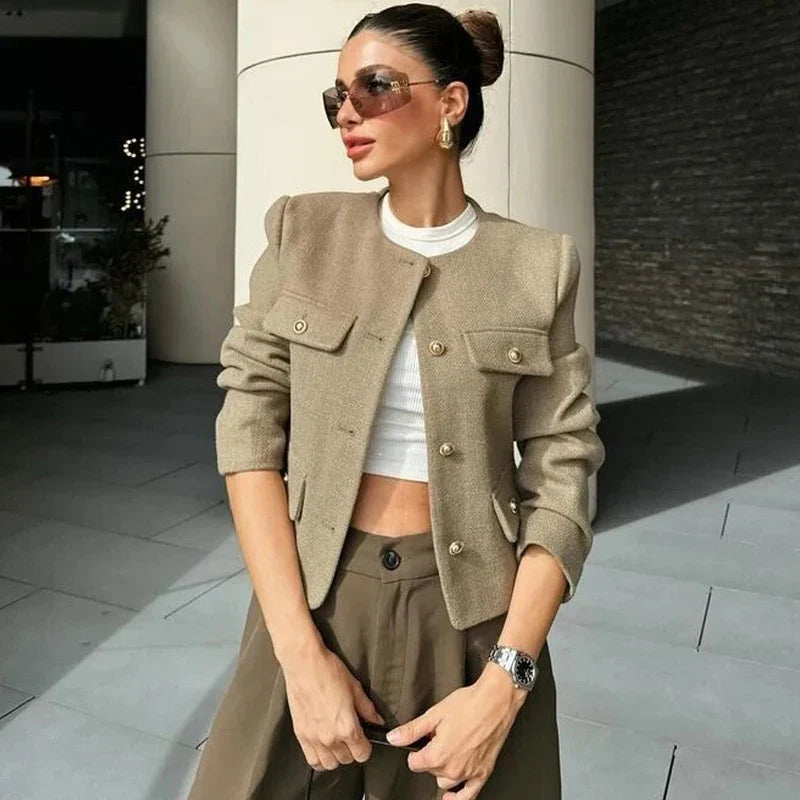 Women's Cropped Bomber Jacket with Round Neck and Long Sleeves