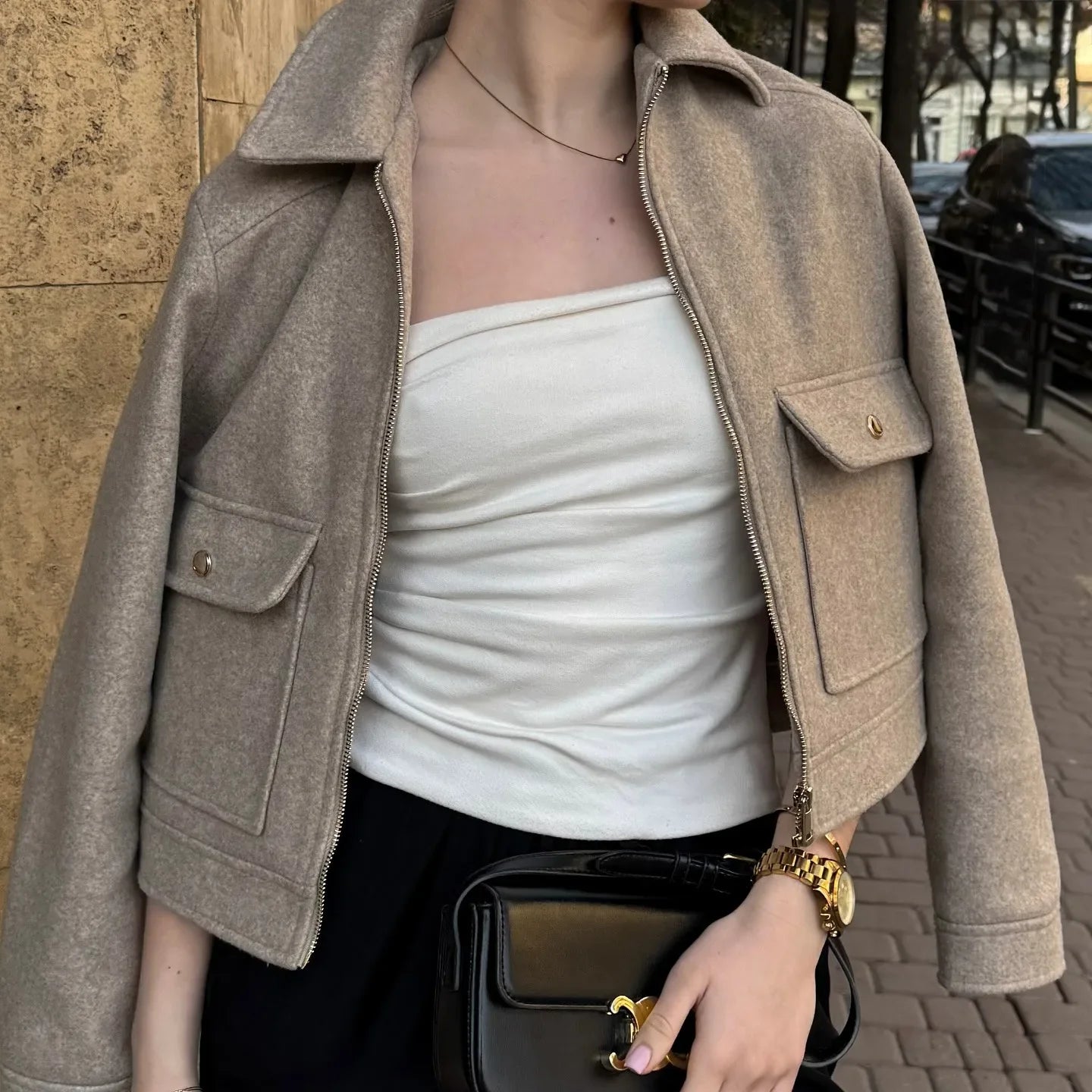 Women's Short Lapel Bomber Jacket with Zip Front and Flap Pockets