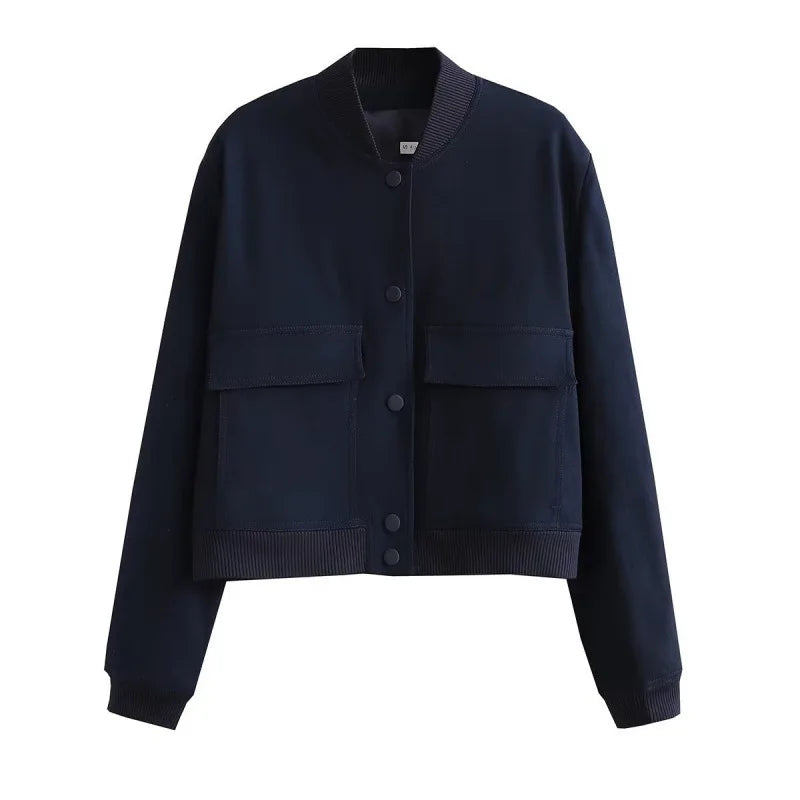 Women's Casual Bomber Jacket with Front Buttons and Flap Pockets