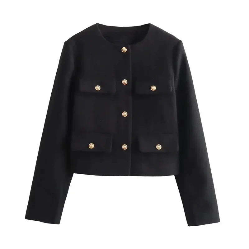 Women's Cropped Bomber Jacket with Round Neck and Long Sleeves