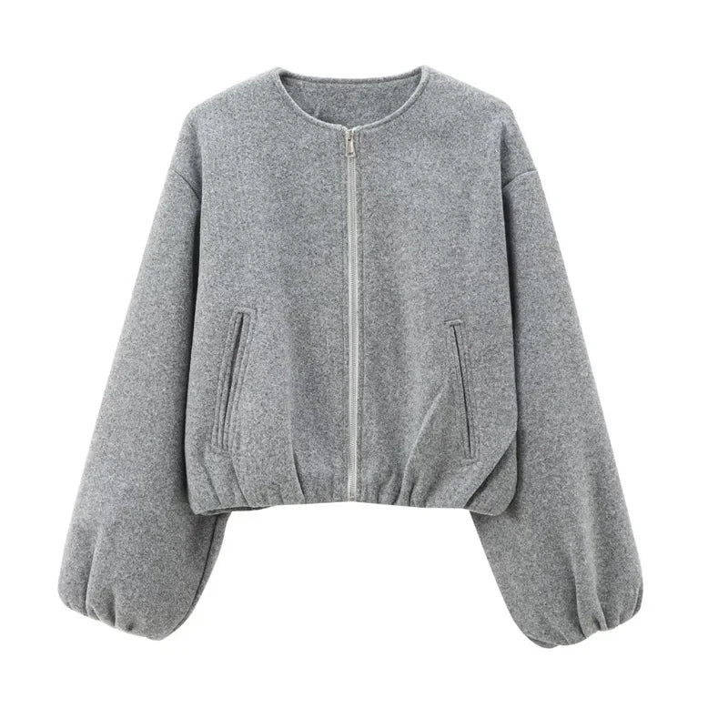 Women's Cropped Bomber Jacket with Long Sleeves and Zip Front
