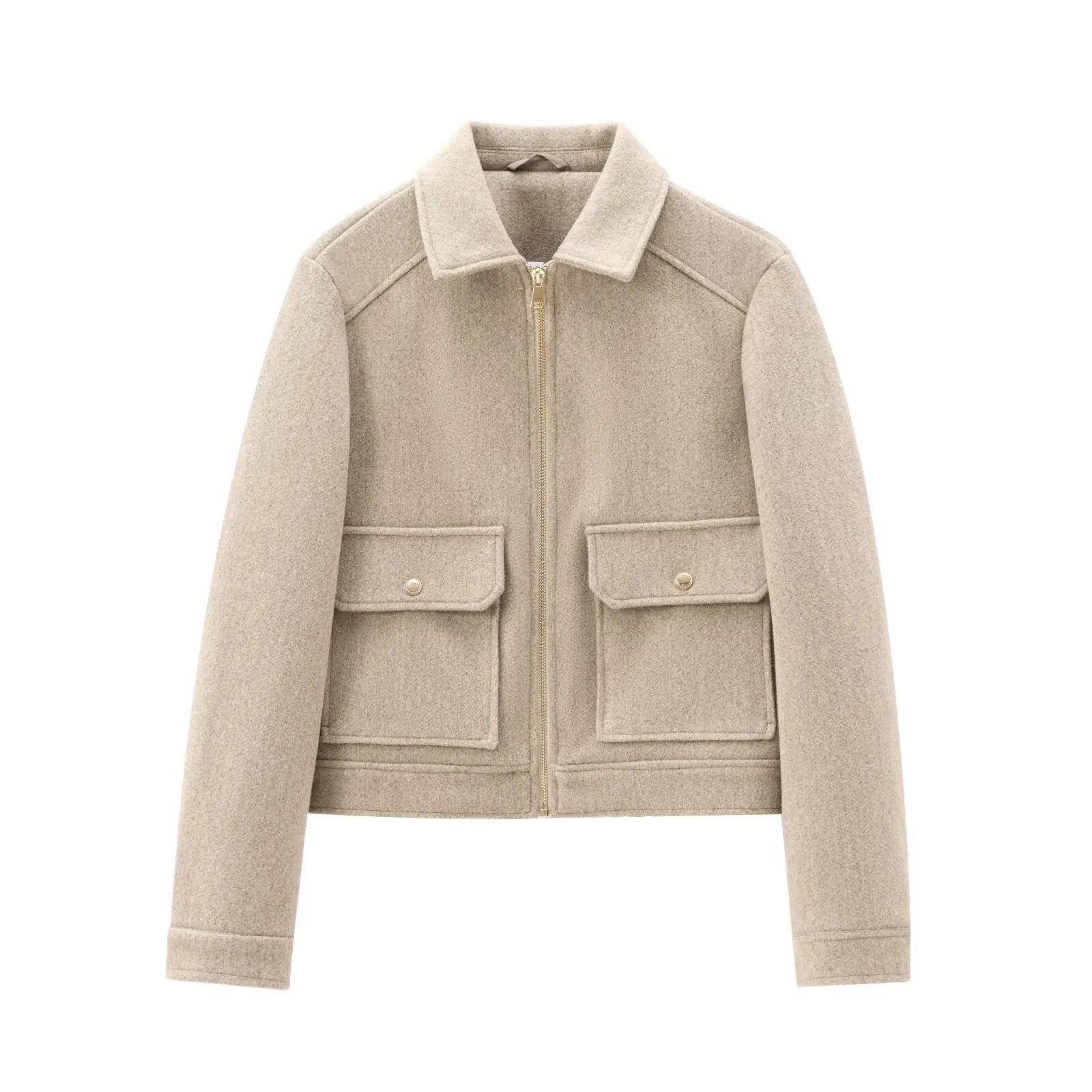 Women's Short Lapel Bomber Jacket with Zip Front and Flap Pockets