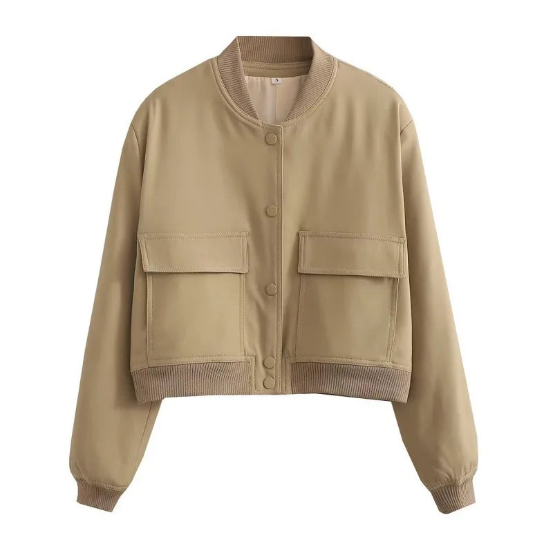 Women's Casual Bomber Jacket with Front Buttons and Flap Pockets
