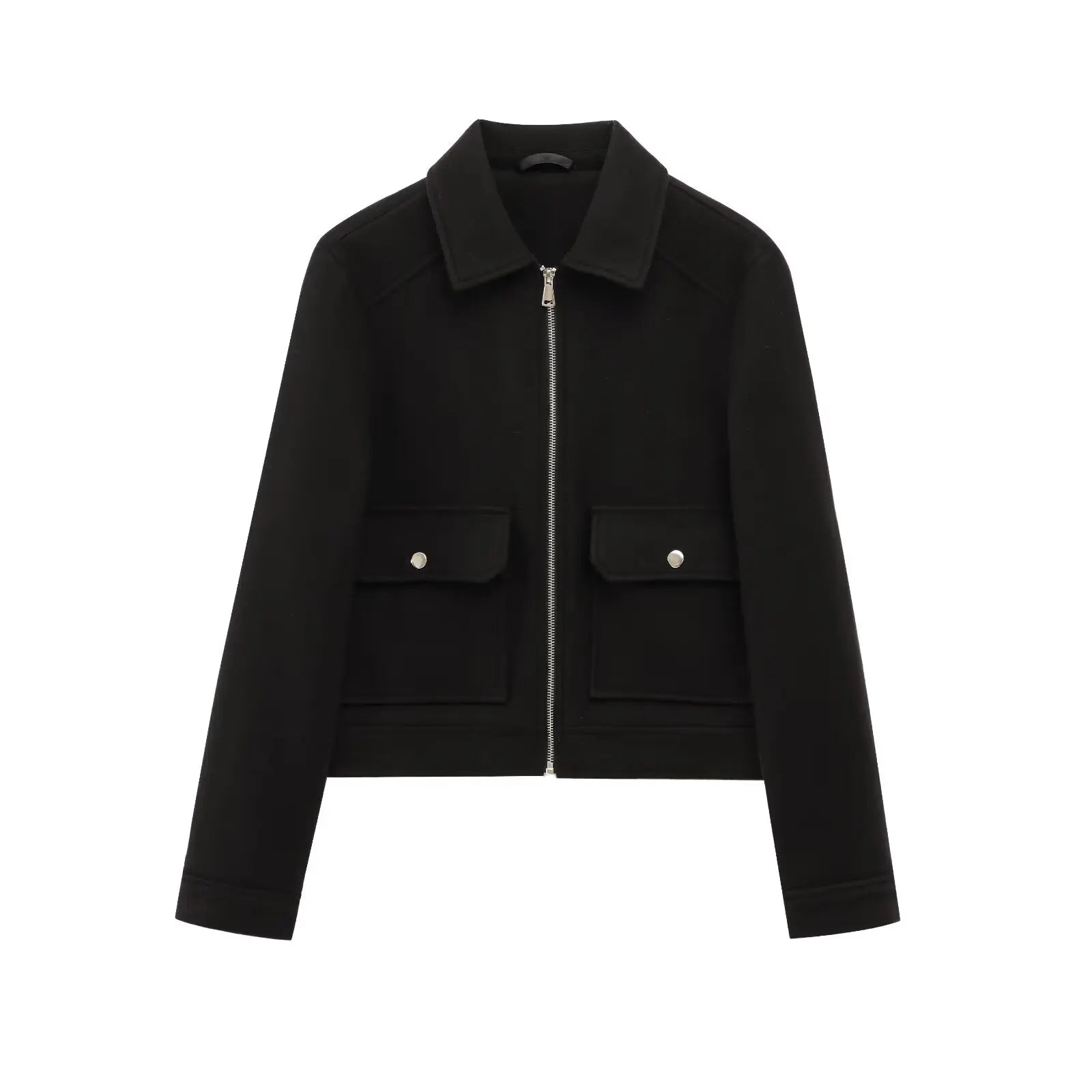 Women's Short Lapel Bomber Jacket with Zip Front and Flap Pockets