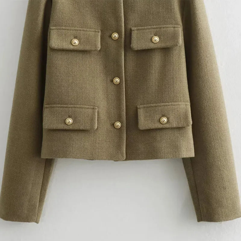 Women's Cropped Bomber Jacket with Round Neck and Long Sleeves